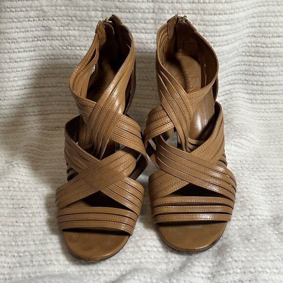 Tory Burch Liv Cage Gladiator Shoes Brown Leather Zipper Heels Open‎ Toe Size 8 - Picture 2 of 10